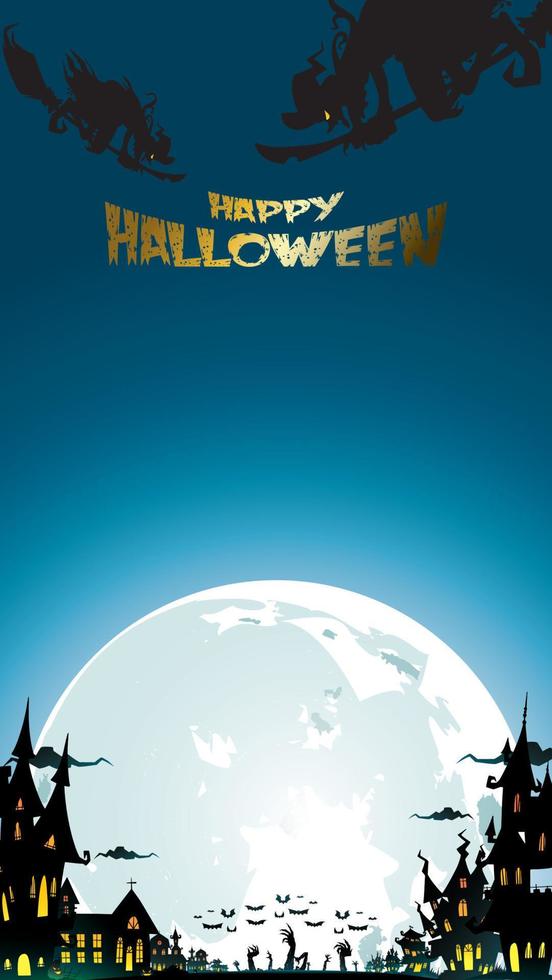 Halloween night background with pumpkin, haunted house, castle and full moon. Flyer or invitation template for banner, party, Invitation . Vector illustration with place for your Text  copy space