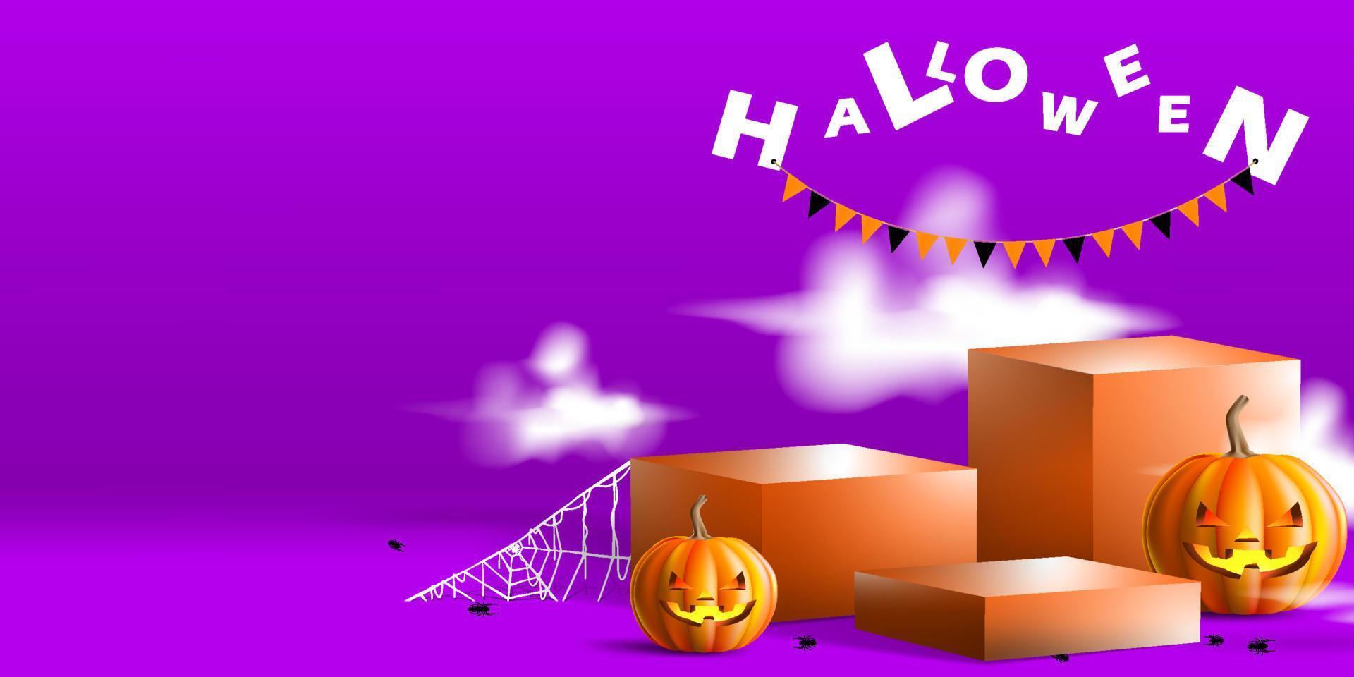 podio geométrico para producto con concepto de halloween. escenario de halloween con calabaza y humo místico vector