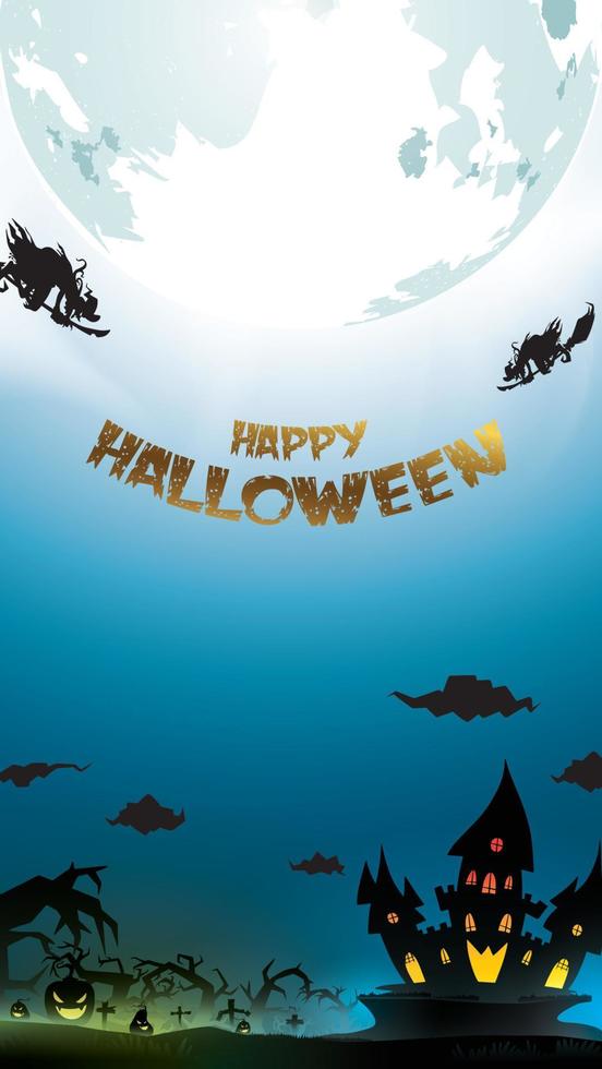 Halloween night background with pumpkin, haunted house, castle and full moon. Flyer or invitation template for banner, party, Invitation . Vector illustration with place for your Text  copy space