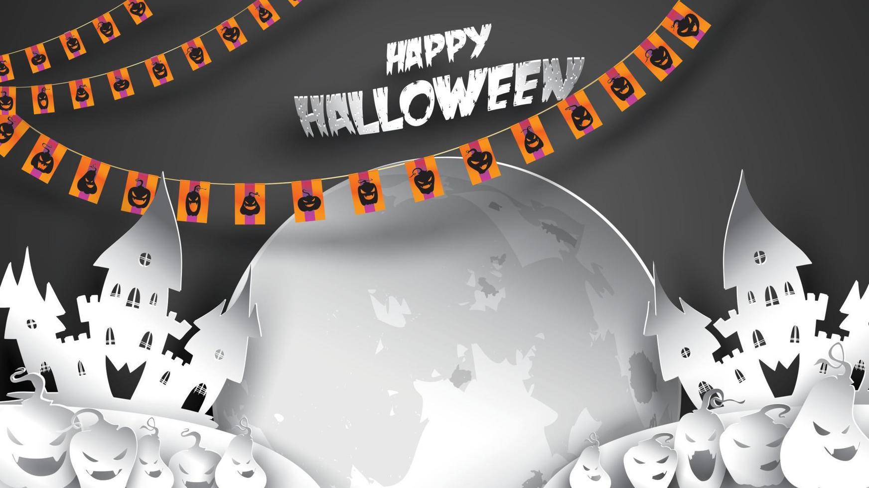 Halloween background with pumpkin, haunted house and full moon in paper art carving style. banner, poster, Flyer or invitation template party. Vector illustration.
