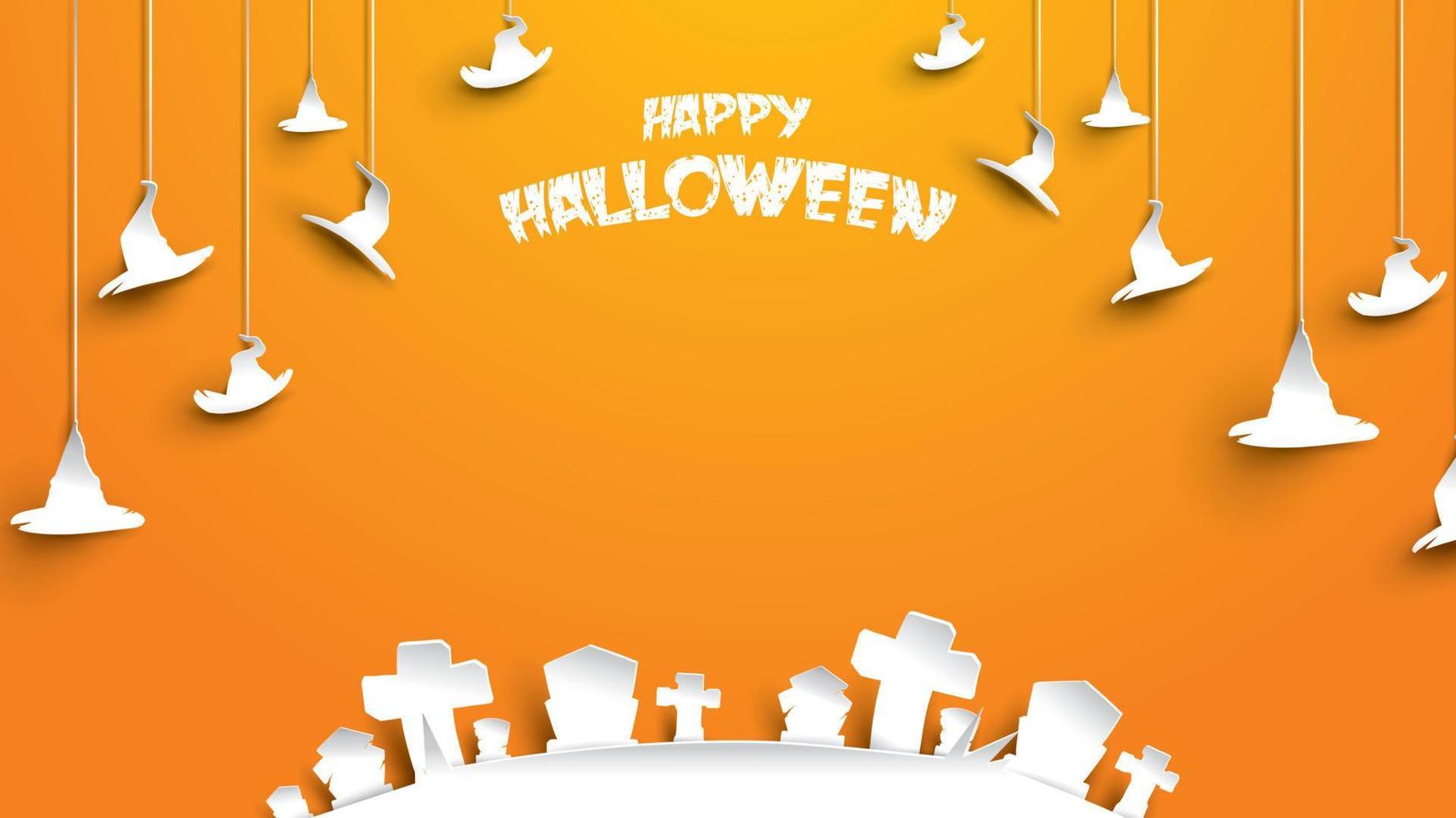 Halloween background with hat and cemetery gravestone in paper art carving style. banner, poster, Flyer or invitation template party. Vector illustration.