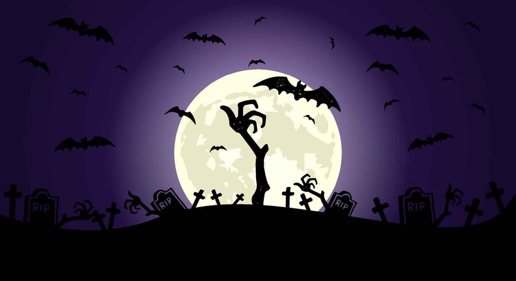mano zombie frente a la luna llena con elementos ilustrados aterradores para diseños de fondo de halloween vector