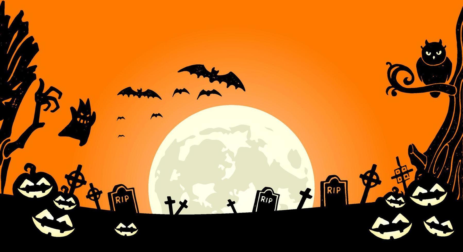 Halloween night background with a cemetery, pumpkins and moon. vector