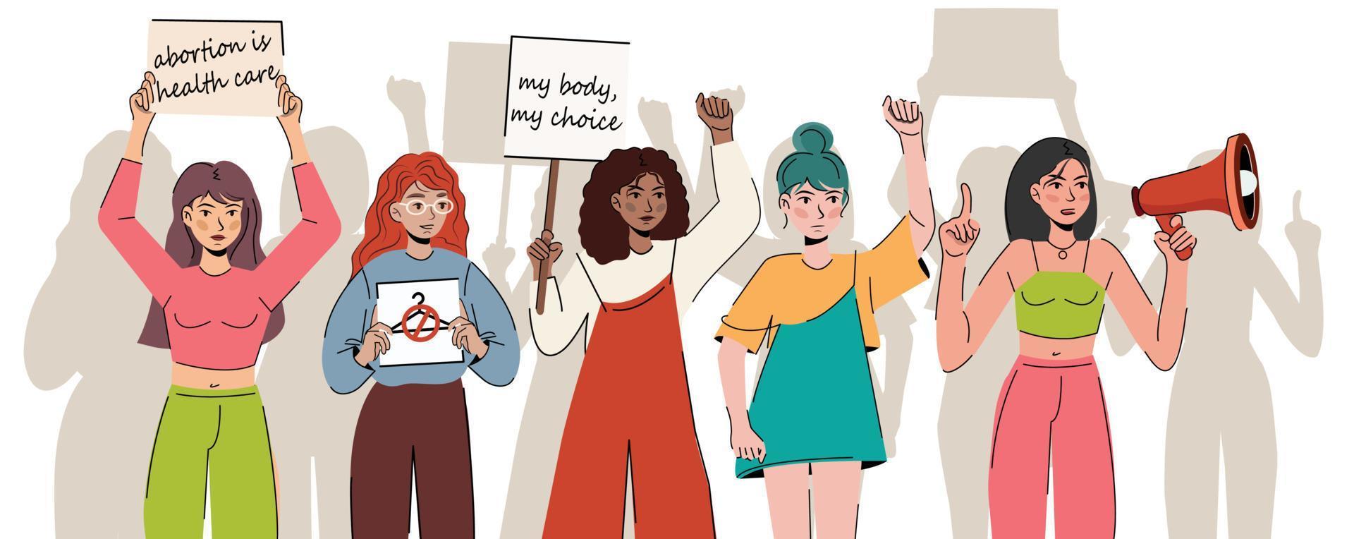 Women protest pro-choice activists  holding signs My Body My Choice, Keep abortion legal, abortion is health care People with placards supporting abortion rights at protest  demonstration vector flat