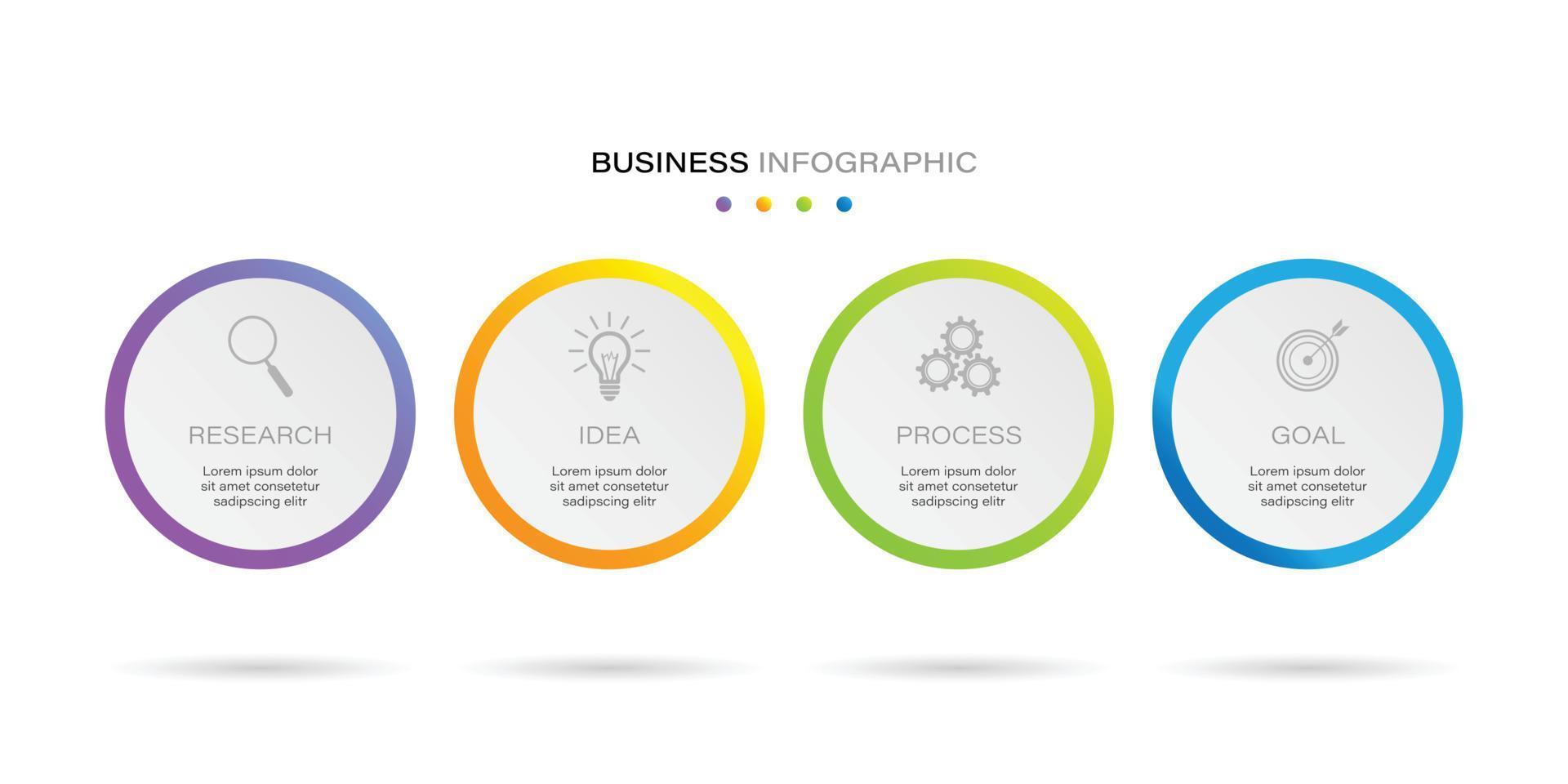 El círculo infográfico empresarial forma cuatro opciones, procesos o pasos para la presentación. se puede utilizar para presentaciones, diseño de flujo de trabajo, banners y diseño web. concepto de negocio con 4 opciones, pasos, partes. vector