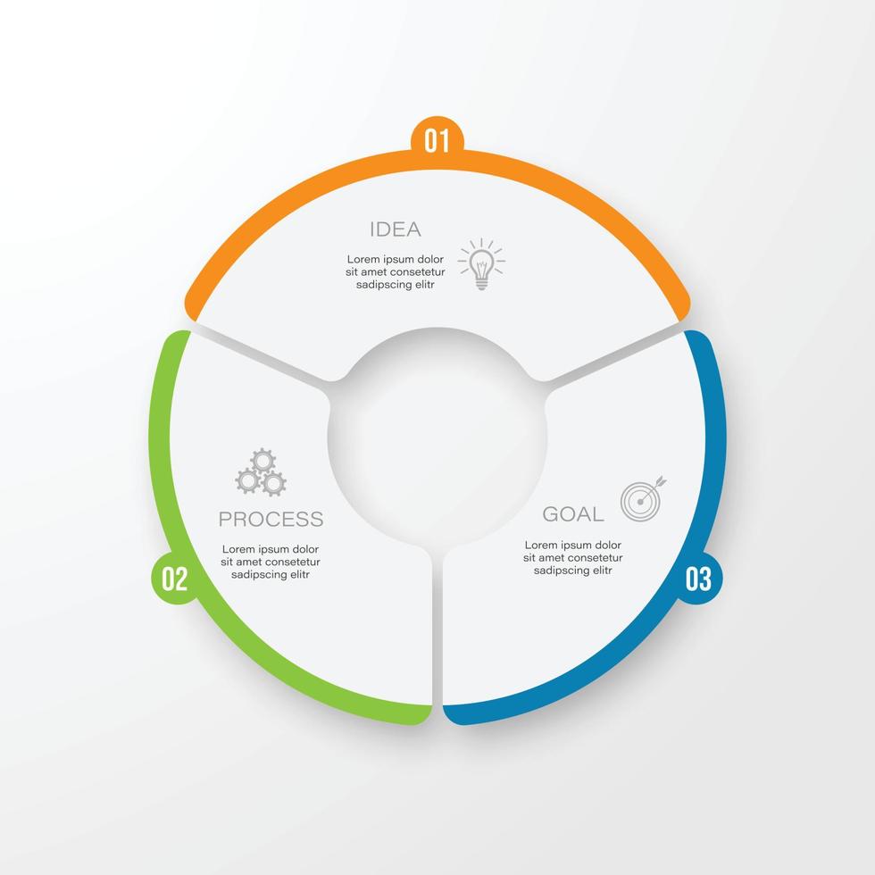 plantilla de infografía 3 opciones con círculos. se puede utilizar para diseño de flujo de trabajo, diagrama, opciones de número, opciones de aumento, diseño web, presentaciones vector