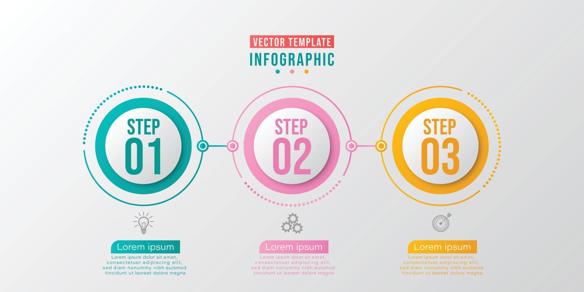 El círculo infográfico empresarial da forma a tres opciones, procesos o pasos para la presentación. se puede utilizar para presentaciones, diseño de flujo de trabajo, pancartas, diagramas y diseño web. vector