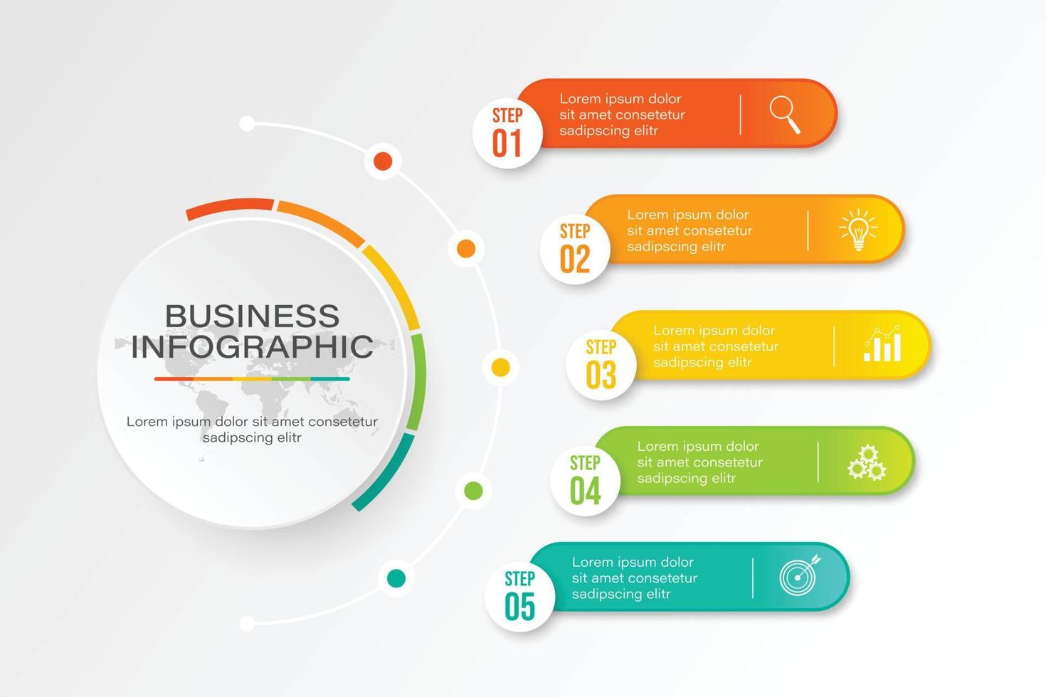 El círculo infográfico empresarial forma cinco opciones, procesos o pasos para la presentación. se puede utilizar para presentaciones, diseño de flujo de trabajo, banners y diseño web. concepto de negocio con 5 opciones, pasos, piezas. vector