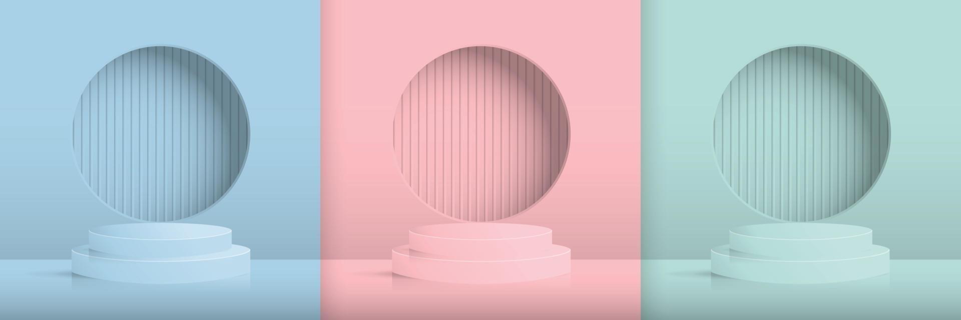 conjunto de pantalla de podio de pedestal de cilindro azul, rosa, verde, fondo de habitación vacía. vector moderno abstracto que representa la forma 3d para la presentación de productos. escena de pared mínima pastel, sala de estudio.