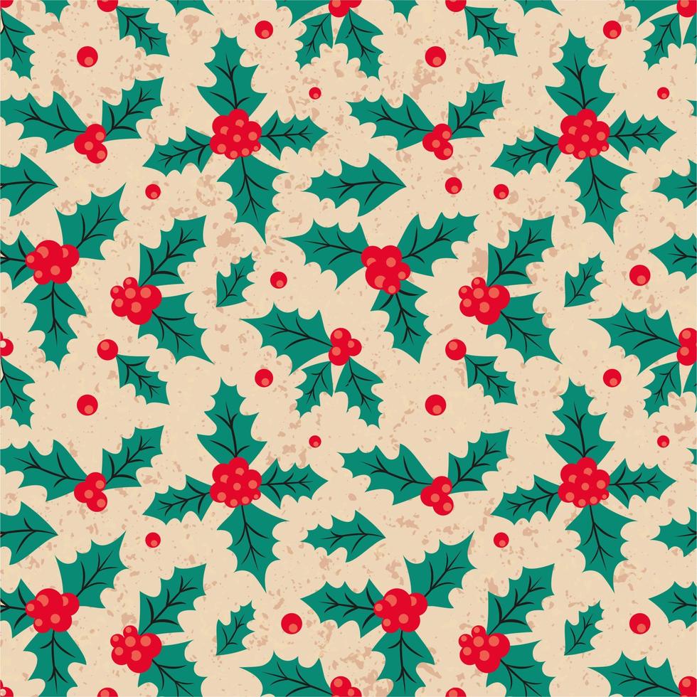 Retro Christmas seamless background with holly leaves and berries. Holly seamless pattern vector