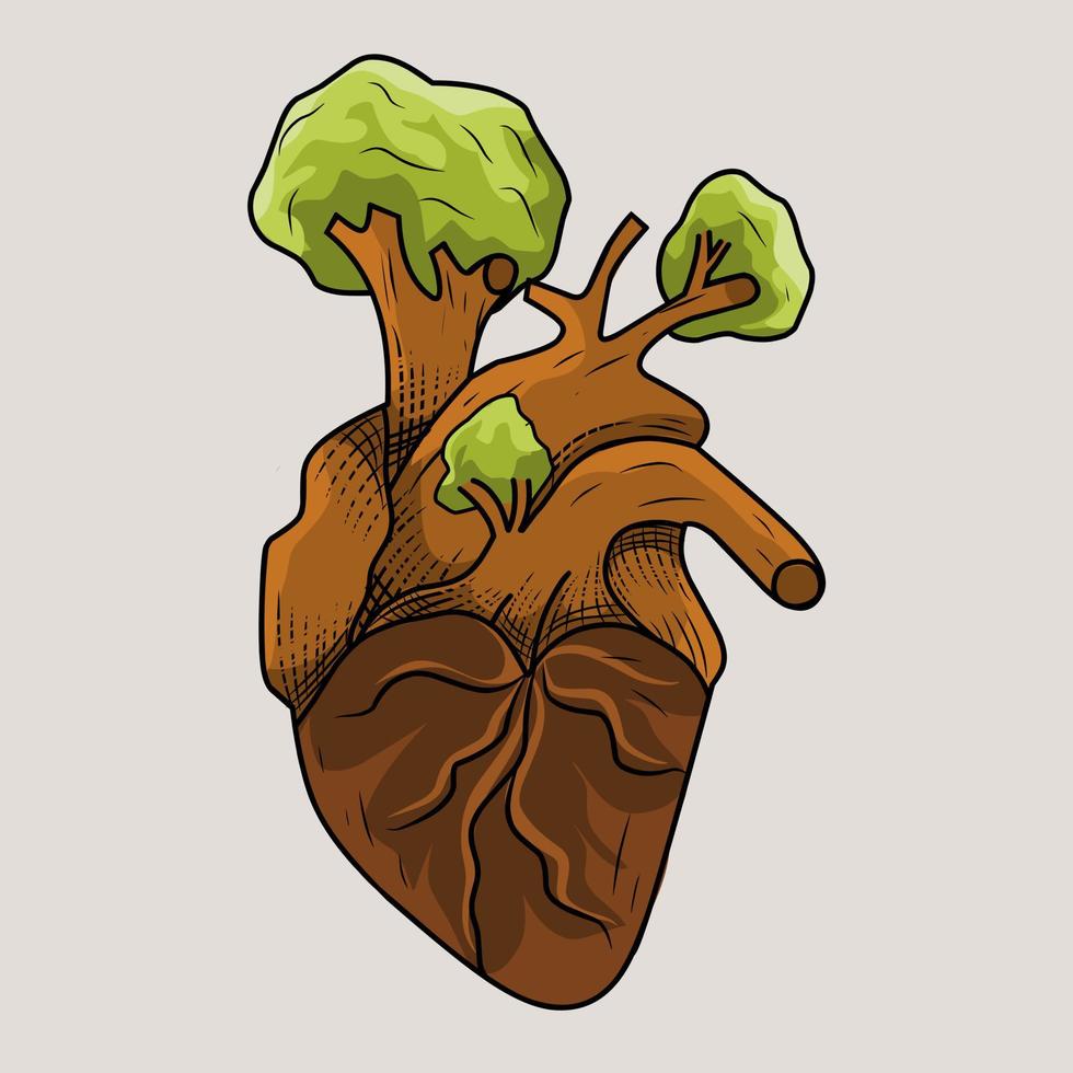 vector de ilustración de corazón y árbol, medio ambiente de ahorro, perfecto para imprimir, afiche, etc.