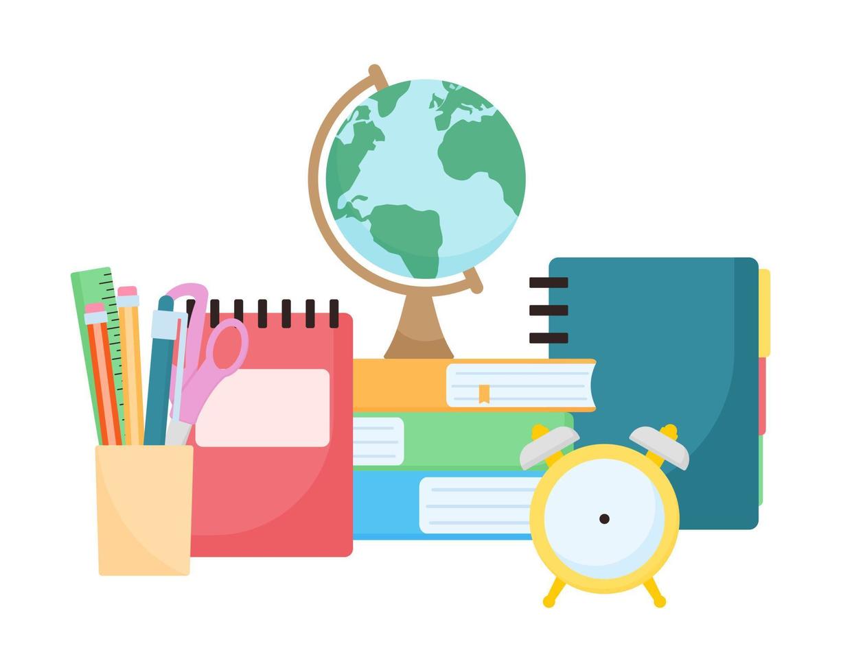 Learning and reading concept. Stationery accessories with books and globe vector