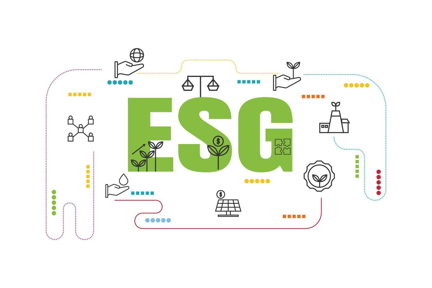 Set of environment, social, and governance ESG concept. Earth with thin line icons such as sustainable ecological, save water and energy, and honest people. vector