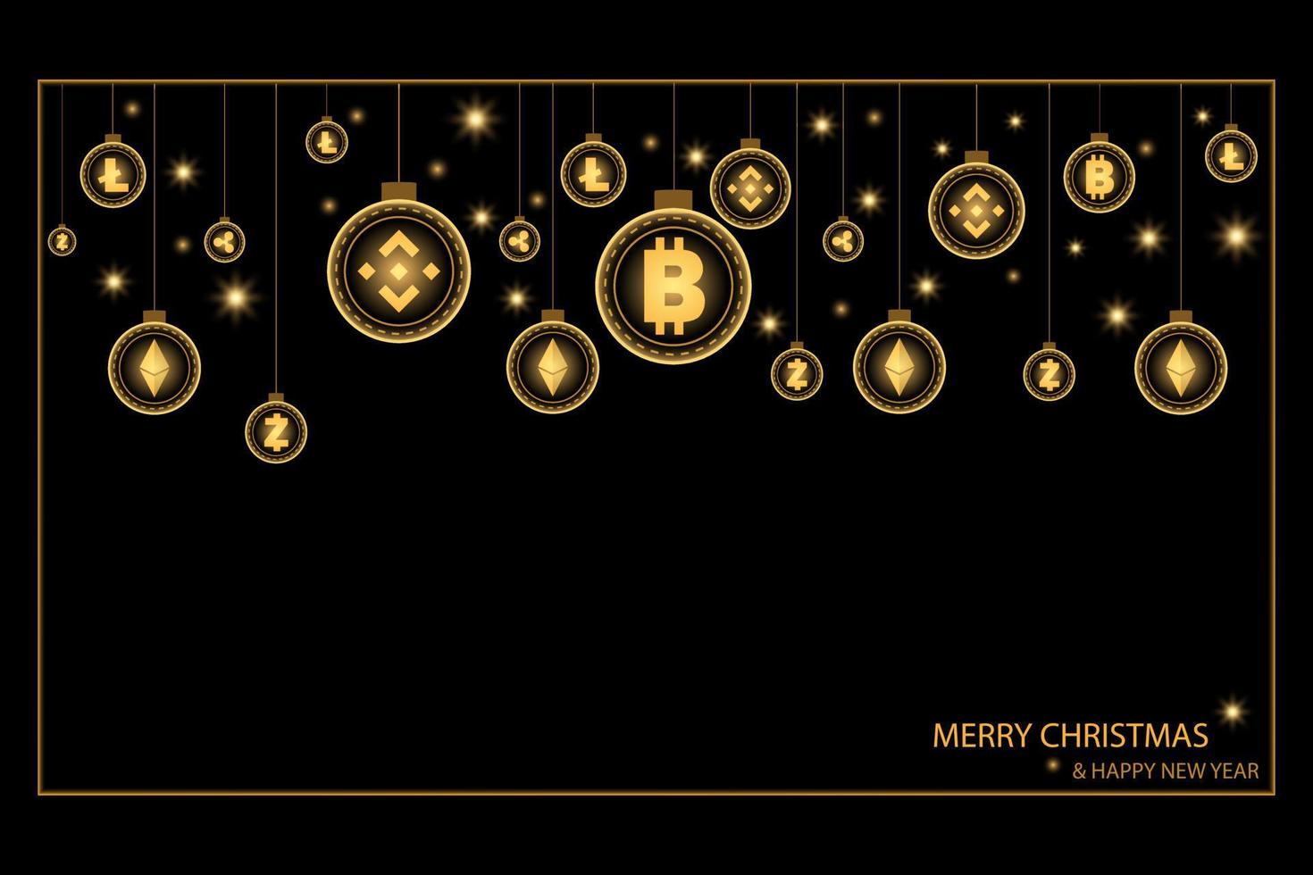 Christmas and New year concept. Golden bauble ball hanging by shiny cryptocurrency coin on black background. vector