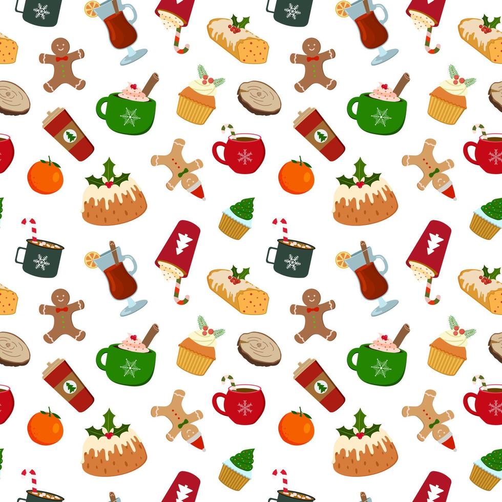 Hot sweet winter holiday drinks and festive food. Coffee with cream, cocoa with marshmallow, mulled wine, cupcakes, cakes, cranberry bread. Vector seamless pattern. Isolated on white background.