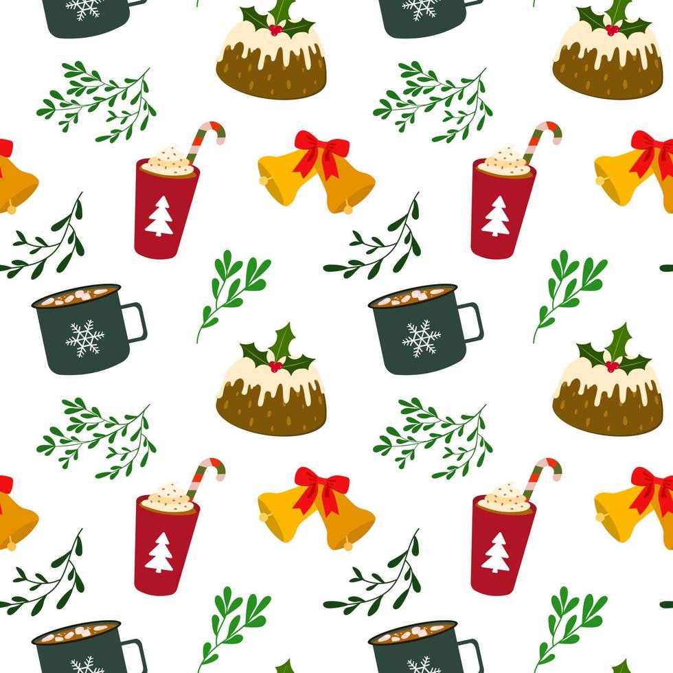 Winter holidays elements. Coffee cup with cream and candy cane, cocoa mug with marshmallows, bells, cake. Vector seamless pattern. Isolated on white background.