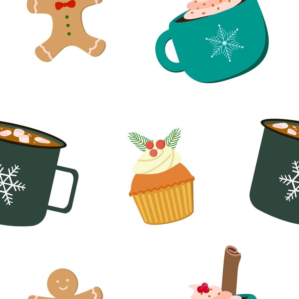 Winter hot Christmas holidays drinks torquoise mug with cream and cinnamon stick, green mug with marshmallows, gingerbread man cookie, cupcake. Vector seamless pattern. Isolated on white background.