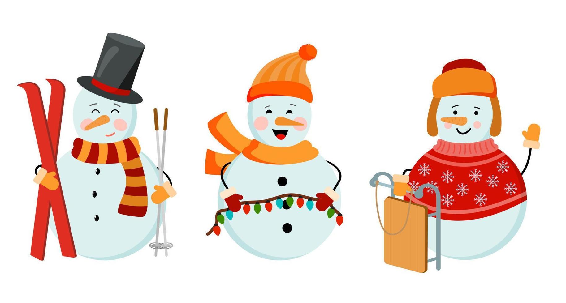 Set of cute cartoon snowmen in hats, scarfs, sweater with skis, lights, sled. Vector illustration. Isolated on white background. Collection of cheerful characters.