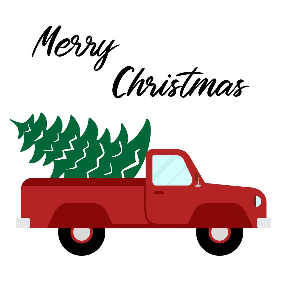 Red vintage truck with christmas tree. Vector illustration. Isolated on white background.
