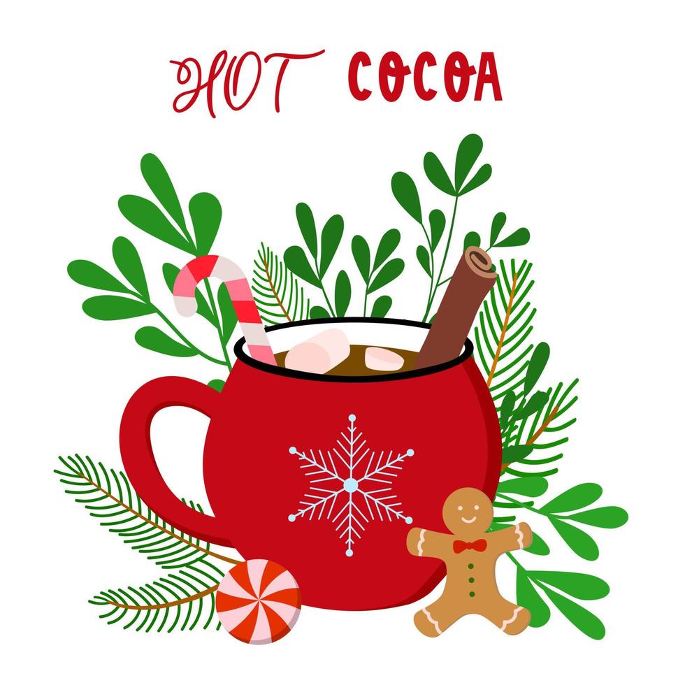 Hot winter red cocoa mug with candy cane, cinnamon stick, marshmallows, Isolated on white background. Merry Christmas and happy holidays greeting. vector