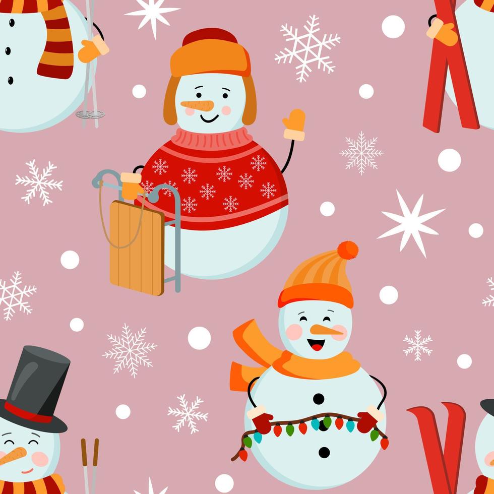 Holiday cartoon winter snowmen seamless pattern with red skis, sled, lights on pink background, Perfect for wrapping paper, background, Christmas and New Year greeting cards. vector