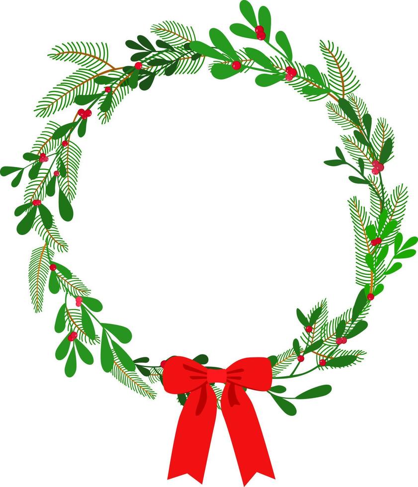 Merry Christmas holiday wreath. Green twigs with red holly berries and a bow. Vector illustration. Isolated on white background. Greeting card, invitation template.