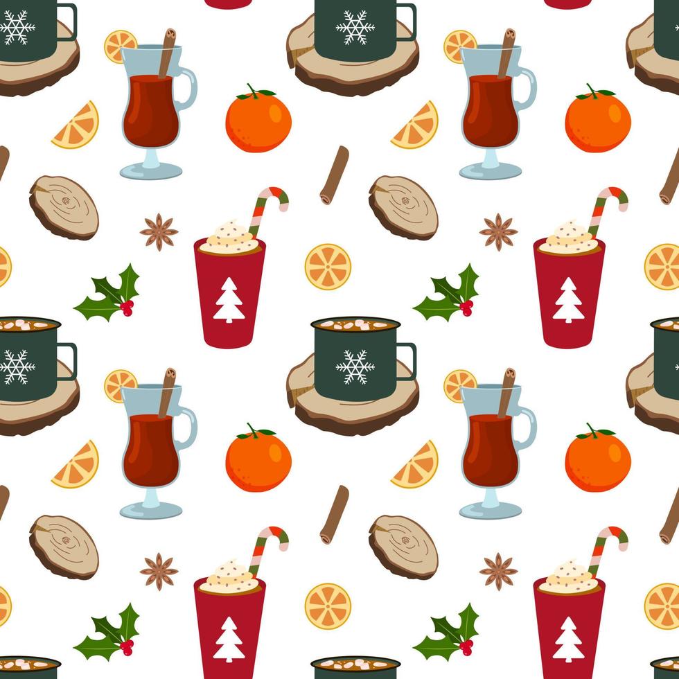 Hot winter Christmas drink. Coffee with cream, cocoa with marshmallow, mulled wine. Vector seamless pattern. Isolated on white background. Wrapping paper, greeting cards, textile design.