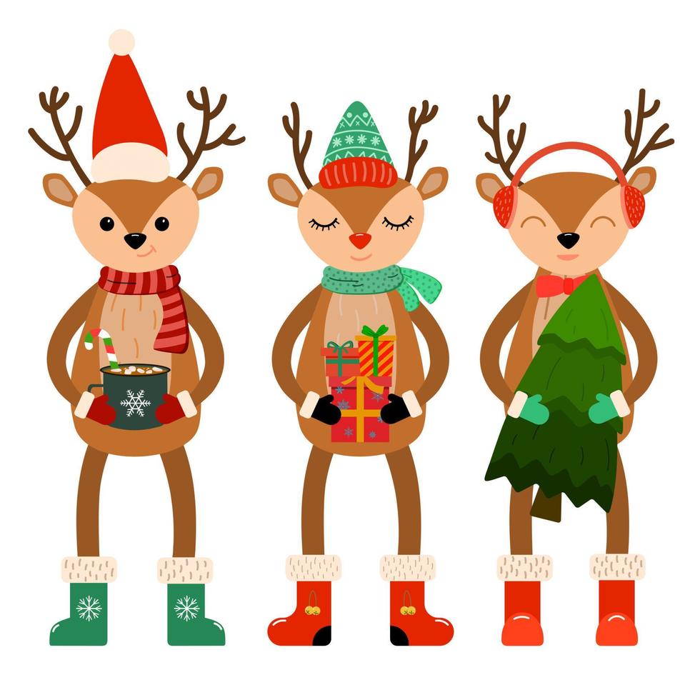 Christmas and New Year group of cute reindeer with Christmas tree, gifts, hot drink with candy cane. Vector illustration. Isolated on white background.