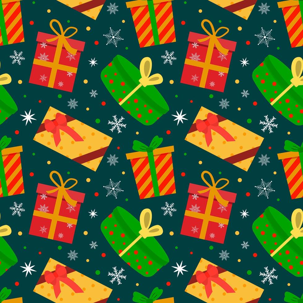 Christmas gift boxes and white snowflakes. Vector seamless pattern on indigo background. For textile, wrapping paper, packaging, backdrop, wallpaper.