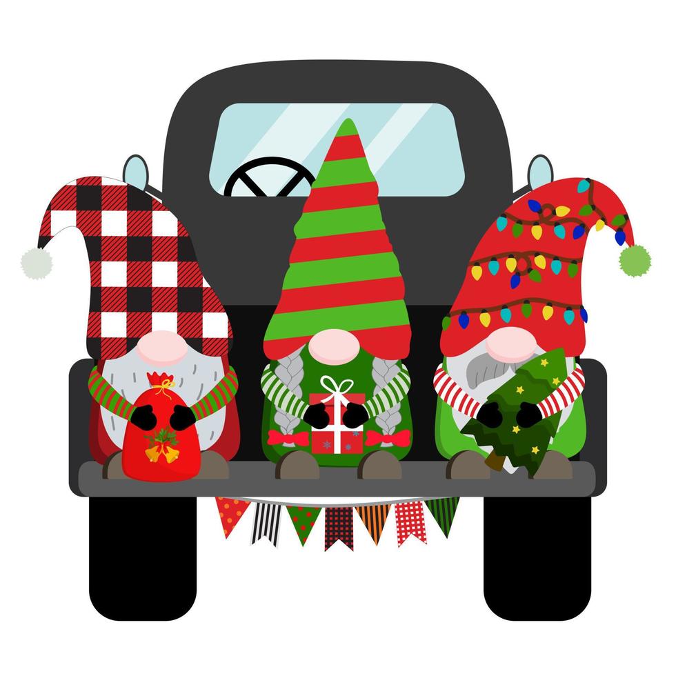 Holiday winter Christmas gnomes with red sack, gift box, Christmas tree on black truck. Vector illustration. Isolated on white background.