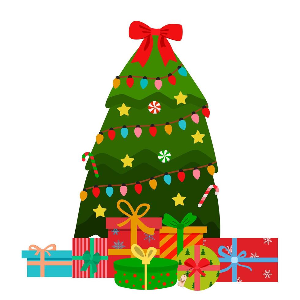 árbol de navidad de dibujos animados con regalos decorados con estrellas, guirnaldas, dulces. ilustración vectorial aislado sobre fondo blanco. cajas de regalo de vacaciones con lazo, para tarjetas de año nuevo, invitaciones, carteles. vector