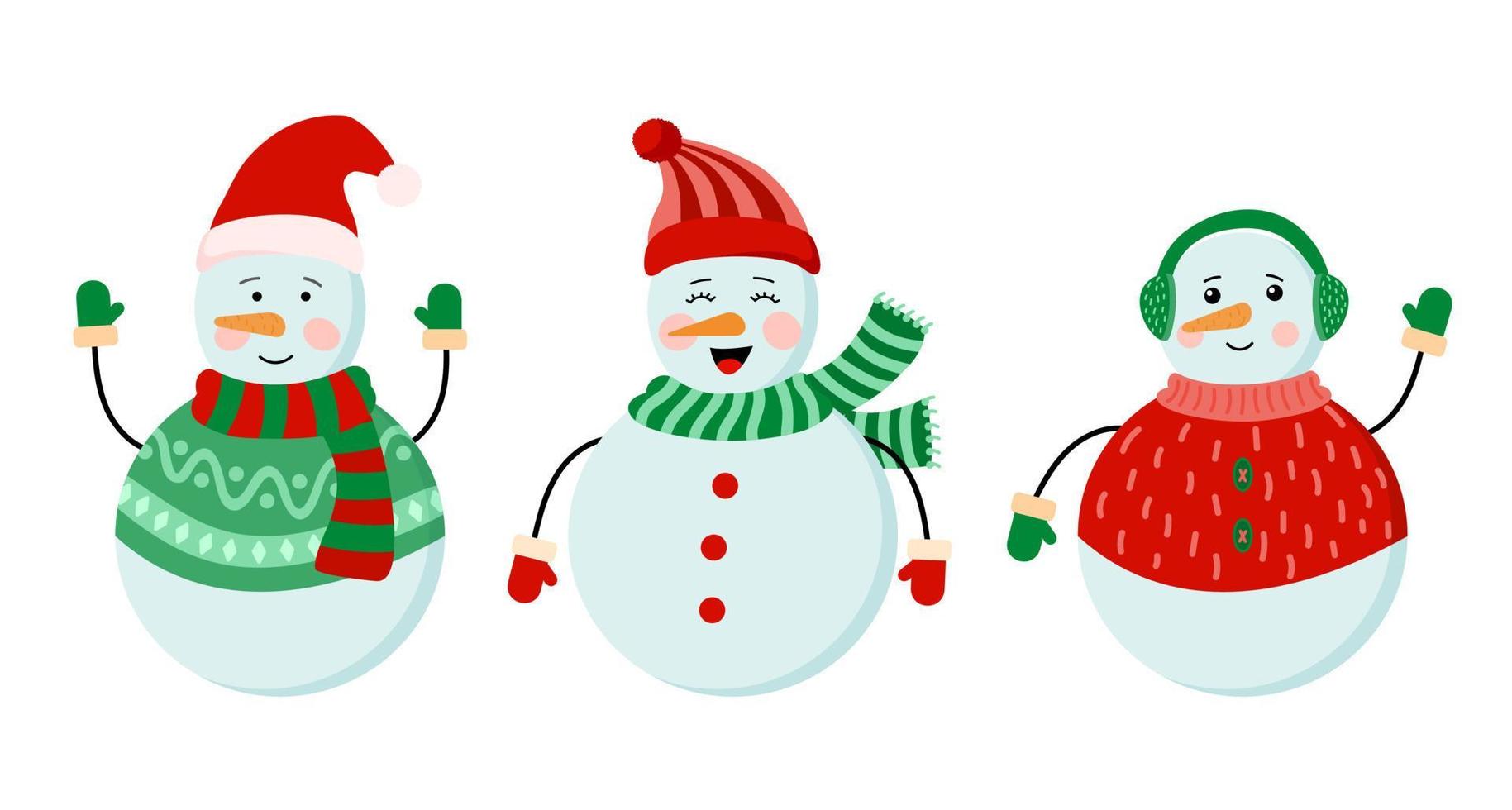 Cartoon snowmen in hats, scarfs, sweater, earmuffs. Vector illustration. Isolated on white background. New Year or Christmas characters.