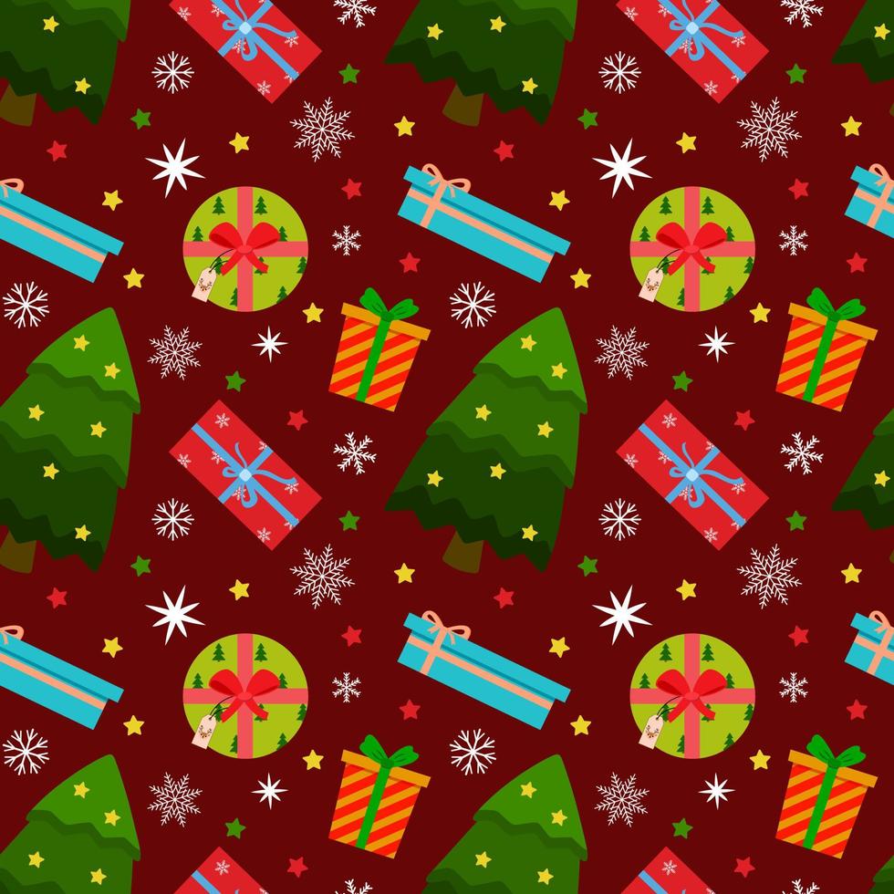 Christmas tree with stars, colorful gift boxes, white snowflakes. Vector seamless pattern on red background.