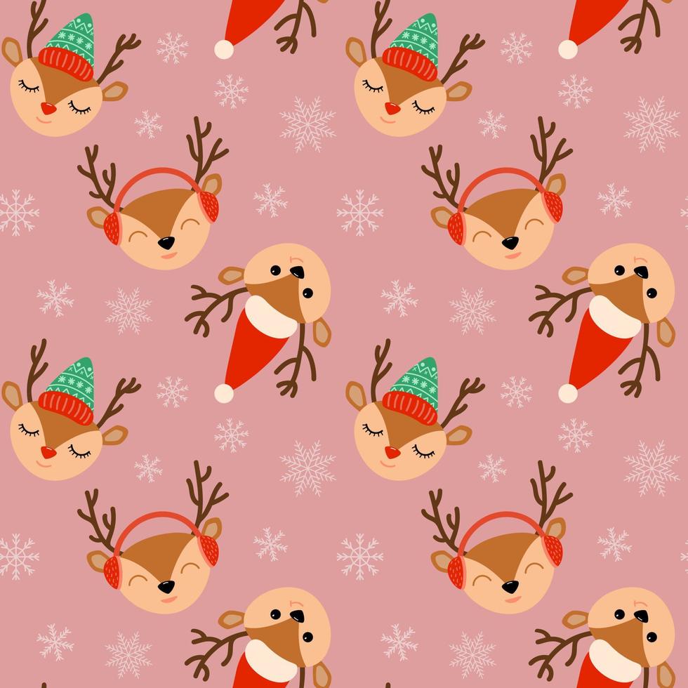 Holiday winter deers with snowflakes vector seamless pattern on pink background. For wrapping paper, textile, wallpaper.