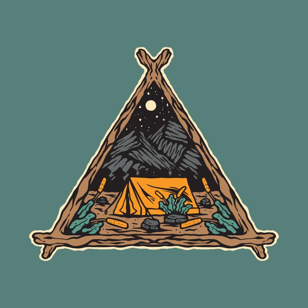 Original vector illustration in vintage style. Vintage camping the background of mountain. Illustration tee print design