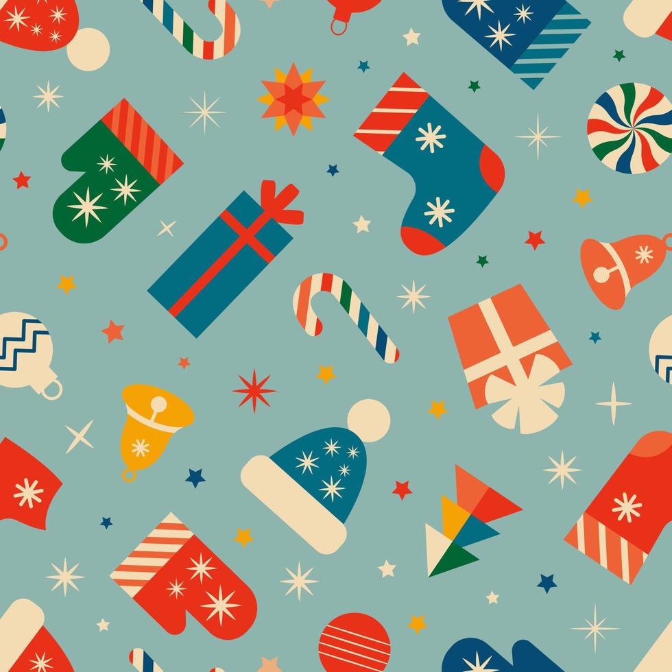 Vintage festive Christmas seamless pattern with Christmas symbols gifts, stockings, hats, mittens, snowflakes, sweets. Vector illustration