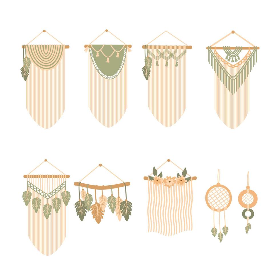 Aesthetic hanging decoration macrame set collection vector