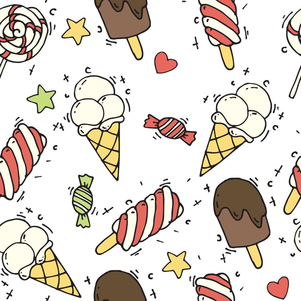 vector illustration, seamless pattern. Cute ice cream doodles, flat, cartoon. vector pattern on a white background with ice cream and sweets for children, the concept of summer, beach vacation.