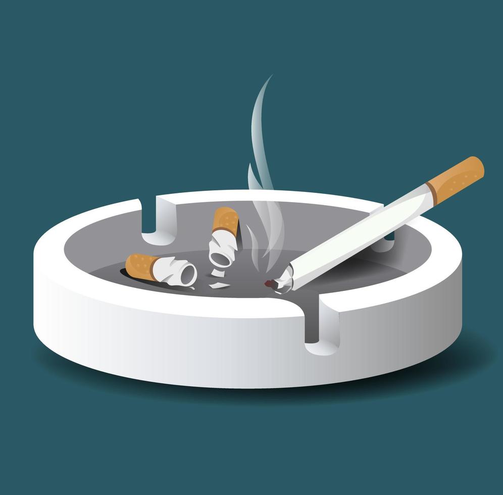 White ceramic ashtray full of smokes cigarettes. Crockery for smoking. Side view. Vector illustration in flat style