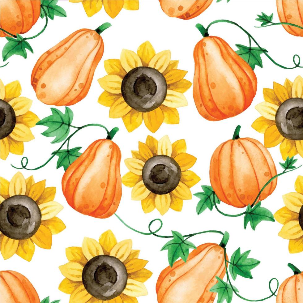 watercolor seamless pattern with cute orange pumpkins and yellow sunflowers. thanksgiving, halloween, autumn vector