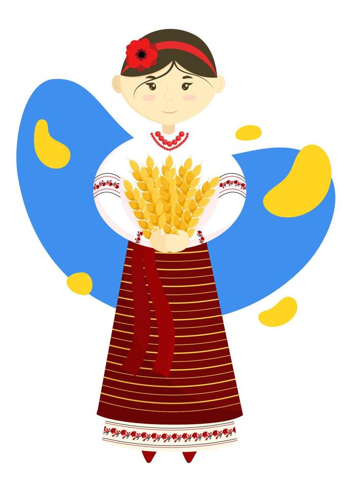 Vector Illustration of a Girl in Traditional National Ukrainian Clothing With Bouquet of Wheat on a Blue Yellow Abstract Background