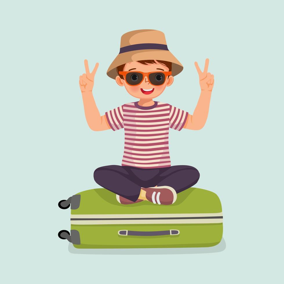 cute little boy wear hat and sun glasses sitting on suitcase excited going for travelling on summer vacation vector