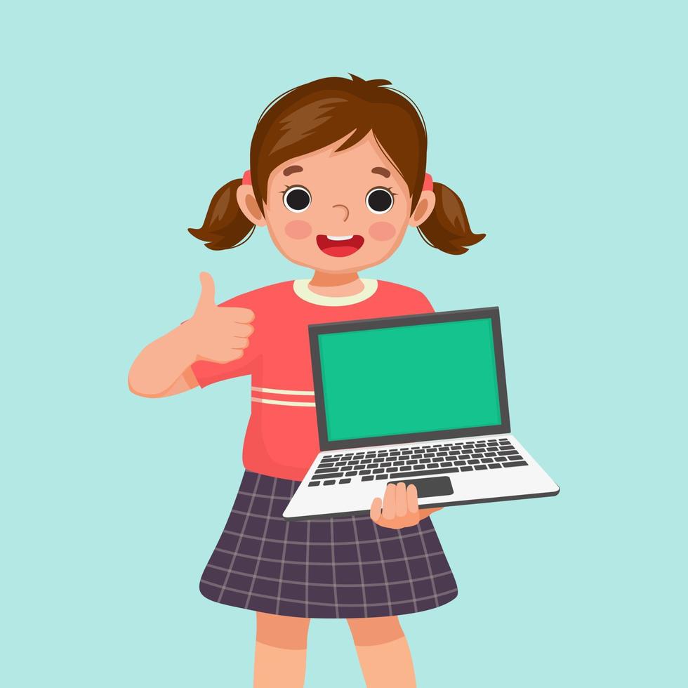 Happy little girl student holding laptop with blank screen giving thumb up vector