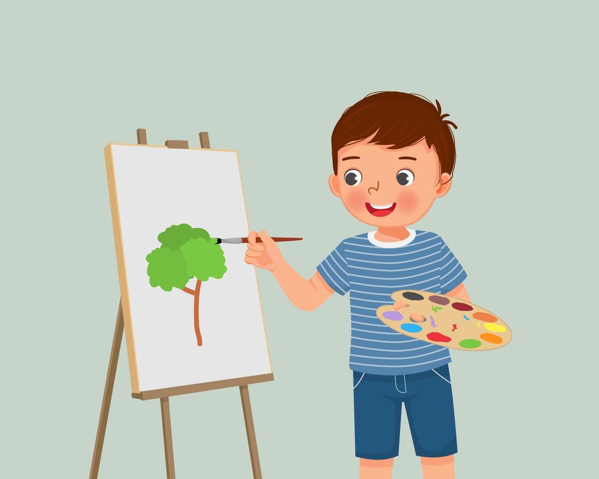 cute little boy artist holding color palette and paintbrush painting on the canvas vector