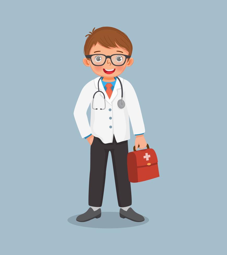 cute little boy with stethoscope wears doctor uniform holding medical bag. Job and occupation concept for educational purpose vector