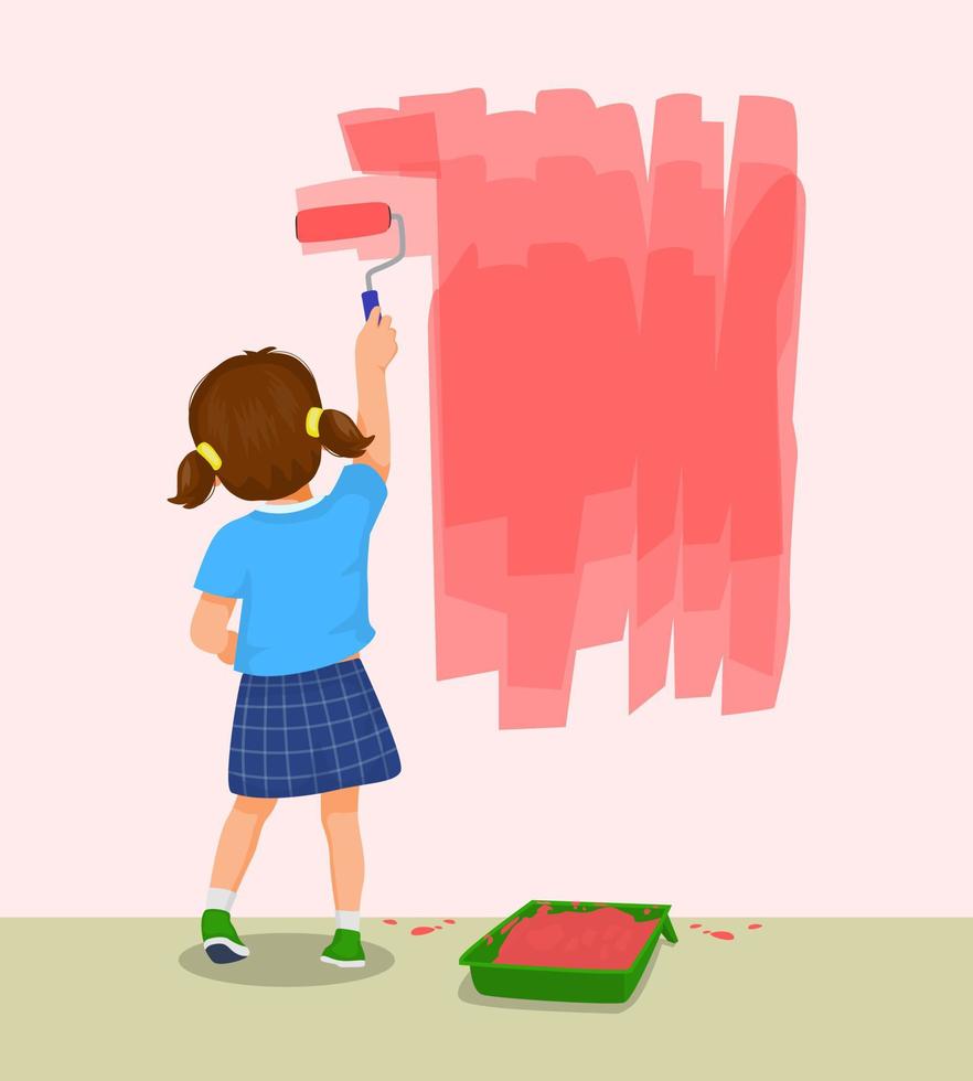 vista trasera de una linda niña pintando en la pared de color rojo con un rodillo de pintura vector