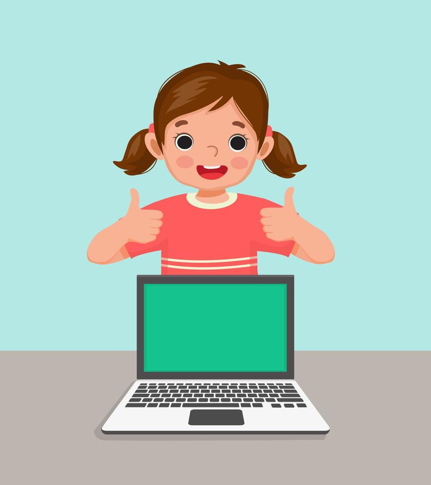 Cute little girl student standing behind desk laptop showing thumbs up vector