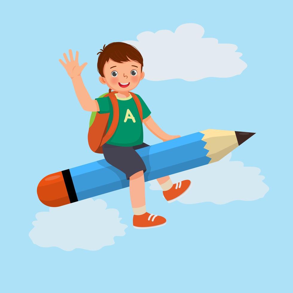 cute little boy student with backpack riding on flying pencil waving hand go to school vector