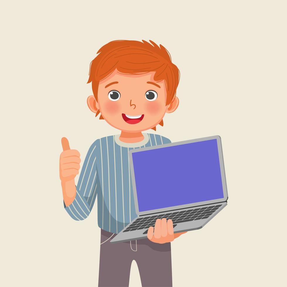 Happy little boy student holding laptop with blank screen giving thumb up vector