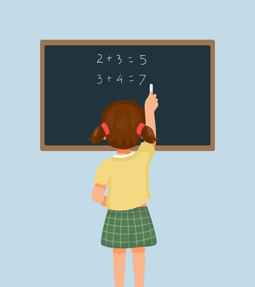 Back view of cute little girl student write on blackboard math equation in front of class with chalk vector